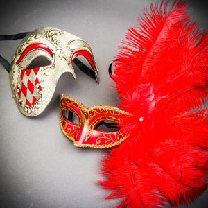 RED Venetian Phantom Half-Face with Gold Red Flurry Feather Couple Mask